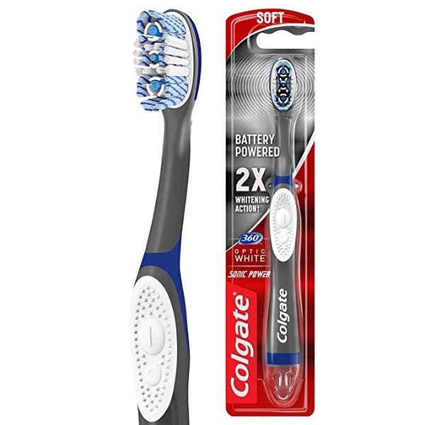 360 Optic White Sonic Battery Power Toothbrush with Tongue and Cheek Cleaner, Soft