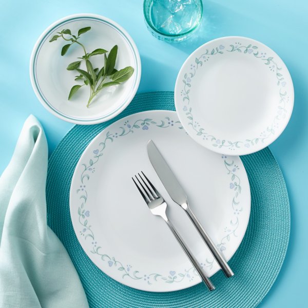 Country Cottage, White and Green Round 12-Piece Dinnerware Set