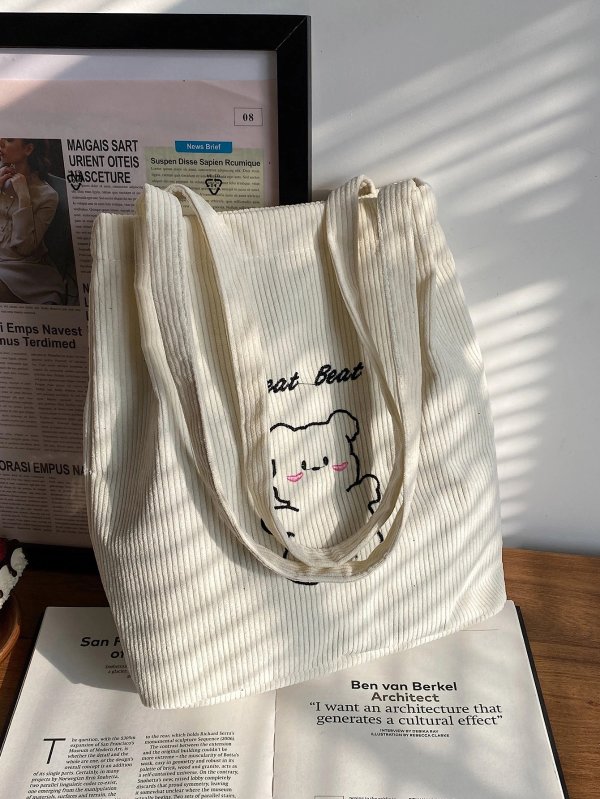 Letter & Cartoon Bear Embroidery Corduroy Square Bag