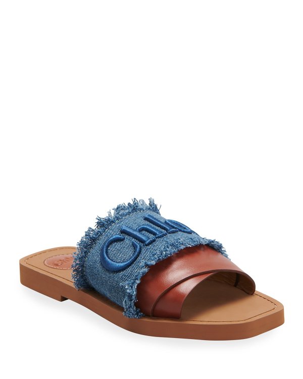 Woody Logo Flat Denim Sandals