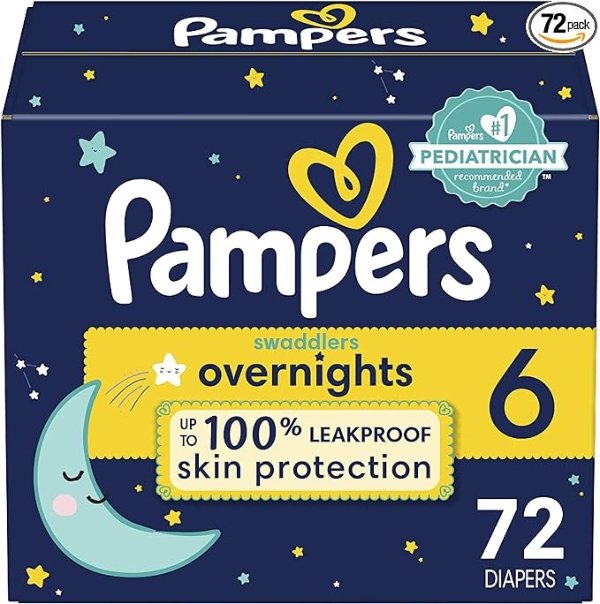 Diapers Size 6, 72 Count - Pampers Swaddlers Overnights Disposable Baby Diapers, Enormous Pack (Packaging May Vary)