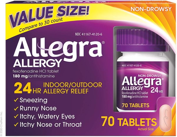 Adult 24 Hour Allergy Relief 70-Count Long-Lasting Fast-Acting Antihistamine for Noticeable Relief from Indoor and Outdoor Allergy Symptoms