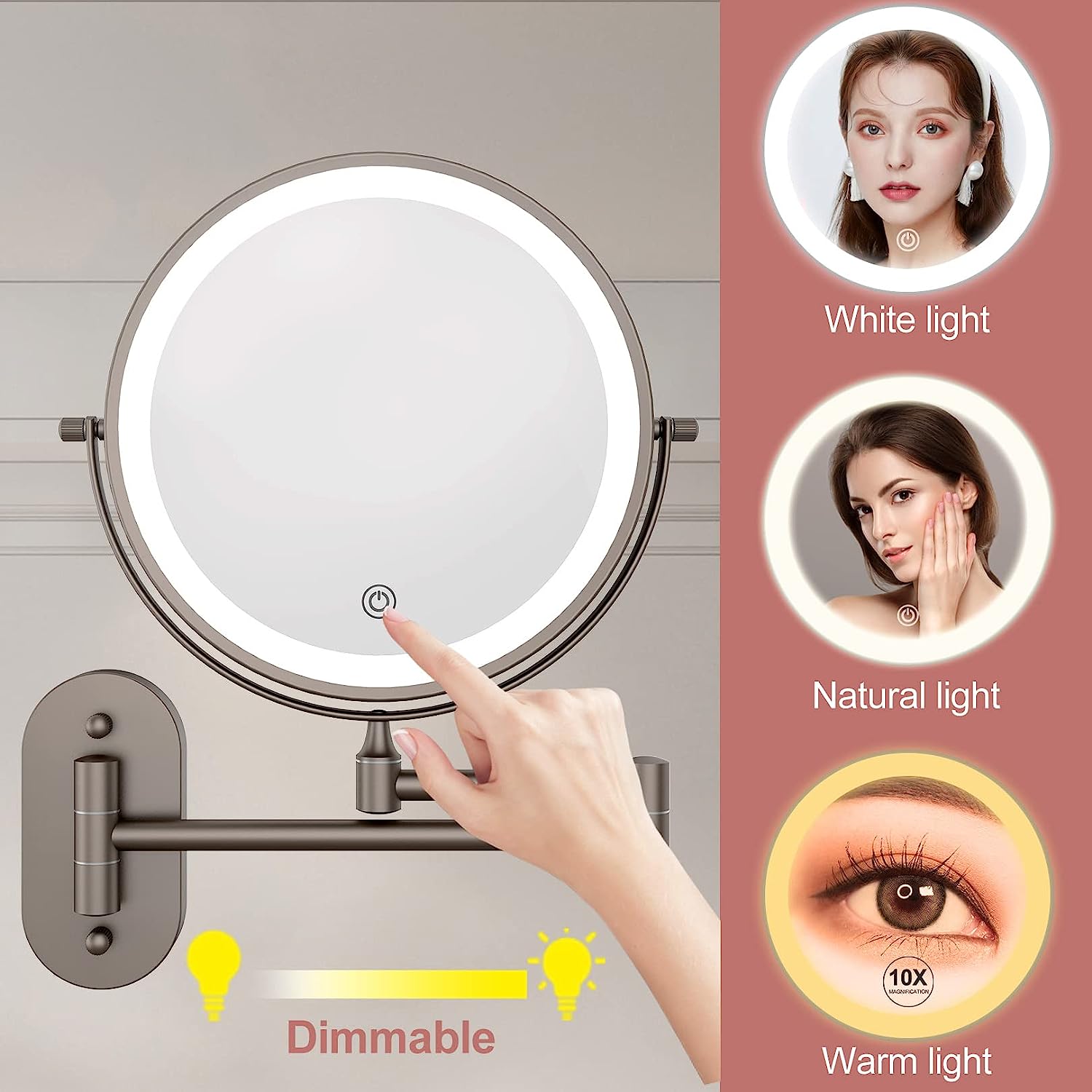 FASINATE 可充电壁挂式梳妆镜 ,8 英寸 ,双面1X/10X 放大化妆镜，带 3 色灯