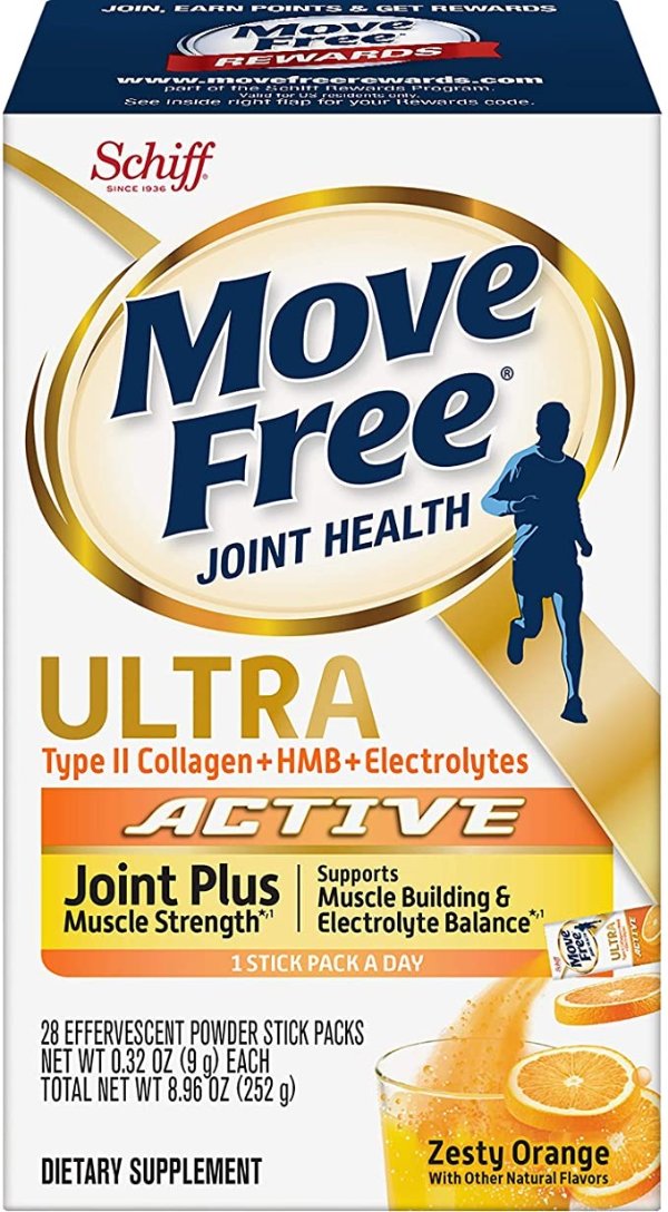 Type II Collagen, HMB, Electrolytes - Move Free Ultra Active Joint + Muscle Strength*¹ Effervescent Powder Packs (28 Count in a Box), Supports Muscle Building & Electrolyte Balance*¹, Immune Health