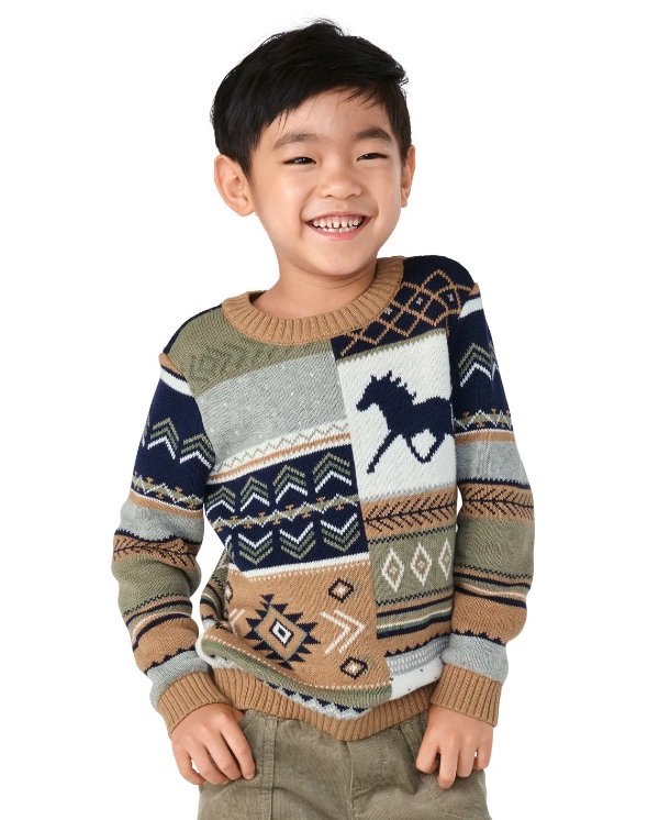 Boys Long Sleeve Patchwork Sweater - Little Rocky Mountain | Gymboree - CHIPMUNK