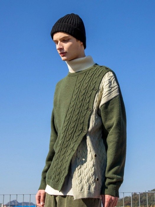 Unbalanced Mix Pullover Knit Khaki