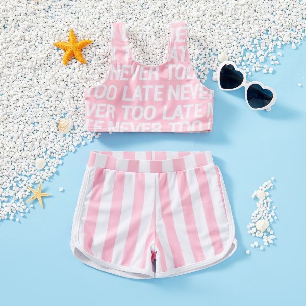 Toddler Girl Letter Top and Striped Shorts Swimsuit
