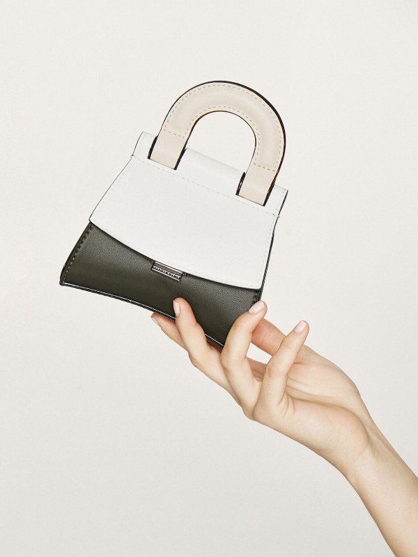 White Mini Two-Tone Top Handle Pouch Bag | CHARLES &amp; KEITH