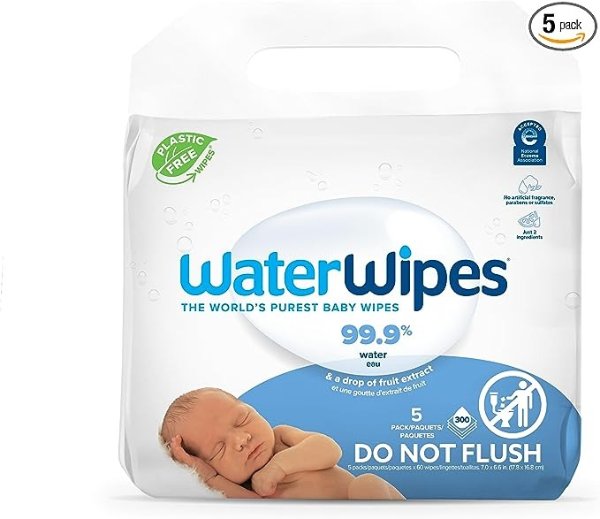 Plastic-Free Original Baby Wipes, 99.9% Water Based Wipes, Unscented & Hypoallergenic for Sensitive Skin, 300 Count (5 packs), Packaging May Vary