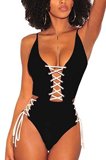 Women's Spaghetti Strap Criss Cross Lace Up One Piece Swimsuits Swimwear