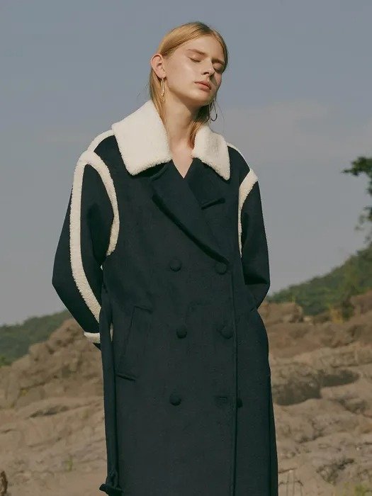 Wool Blend Contrast Shearing Lined Coat Navy