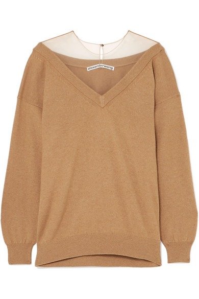 Oversized mesh-trimmed knitted sweater