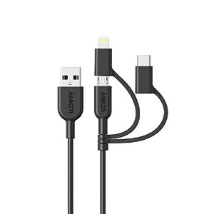 Anker Powerline II 3-in-1 Cable, Lightning/Type C/Micro USB Cable for iPhone, iPad, Huawei, HTC, LG, Samsung Galaxy, Sony Xperia, Android Smartphones, iPad Pro 2018 and More(3ft, Black)