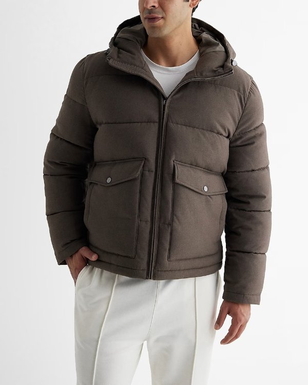 Brown Hooded Double Pocket Puffer Coat