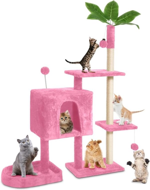 TSCOMON 52" Cat Tree Cat Tower for Indoor Cats with Green Leaves, Multi-Level Cozy Plush Cat Condo Cat House Cat Scratching Posts for Indoor Cats with Hang Ball, Home Plant Style Pet House, Pink