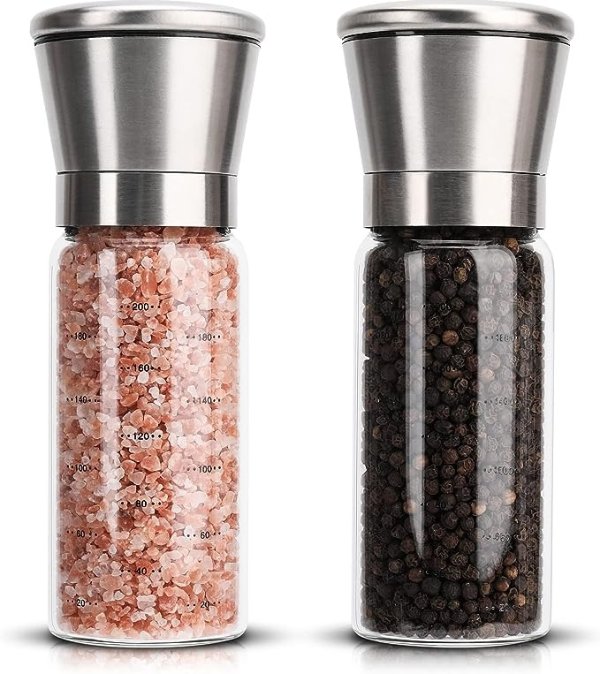 Salt and Pepper Grinder Set of 2 Packs, Stainless Steel Pepper Grinder, High Strength Glass Sea Salt and Pepper Shakers with Adjustable Coarseness Mills, Refillable Pepper Mill