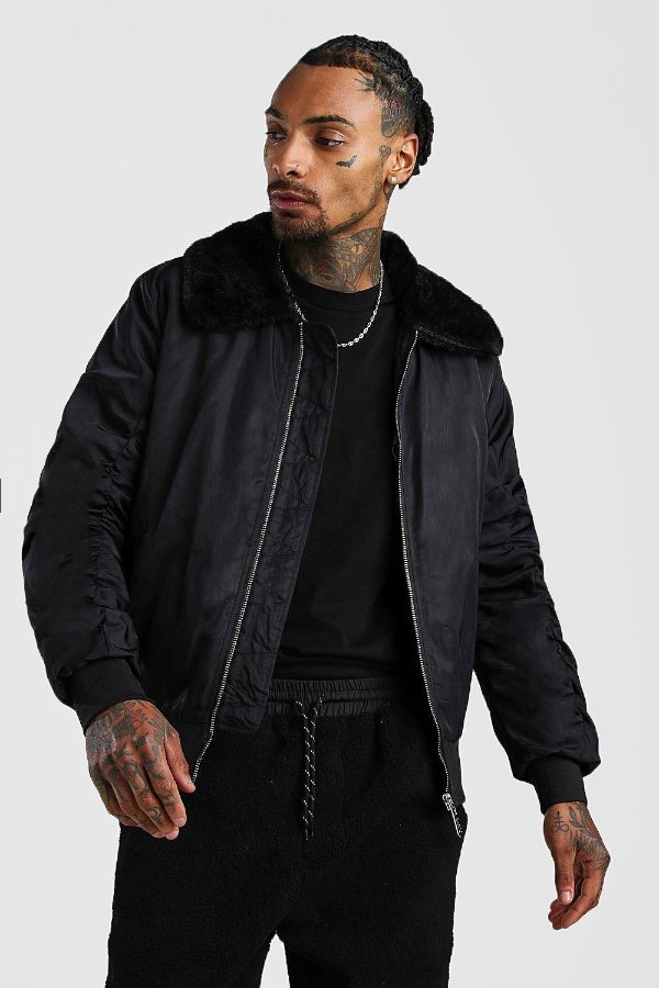 Padded Bomber With Fur Collar - boohooMAN