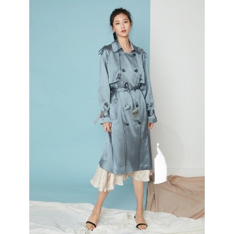 NewYogO 系带中长款光泽感风衣