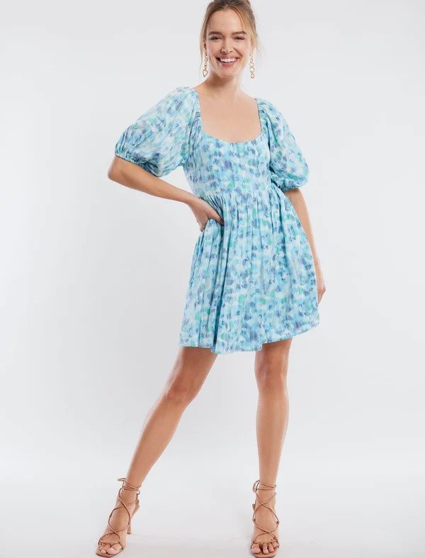 Puff Sleeve Lace-Up Mini Dress