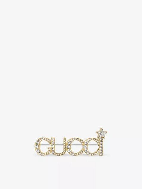 GUCCILogo crystal-embellished brass brooch