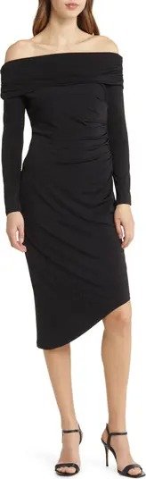 Off the Shoulder Long Sleeve Midi Body-Con Dress