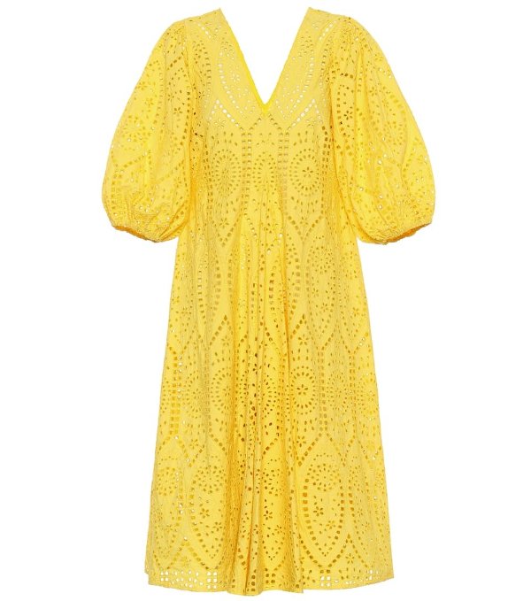黄色镂花连衣裙