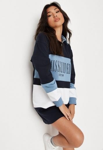 - Blue ColourblockEmbroidered Rugby Sweater Dress