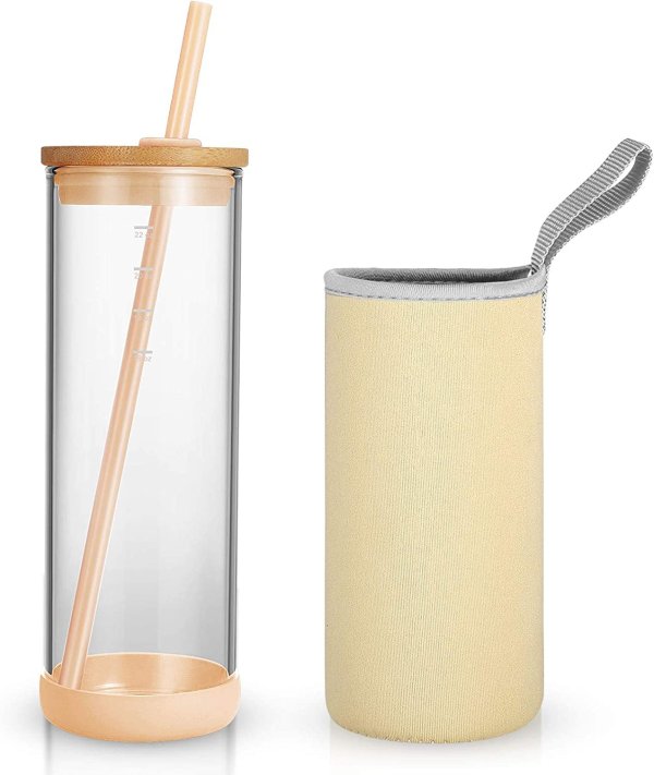 Tronco Iced Coffee Cup Glass Tumbler with Straw and Bamboo Lid|Wide Mouth Reusable Smoothie Cup with Straw and Insulator Sleeve|Borosilicate Glass Water Bottle with Lid|24oz (light Amber ）