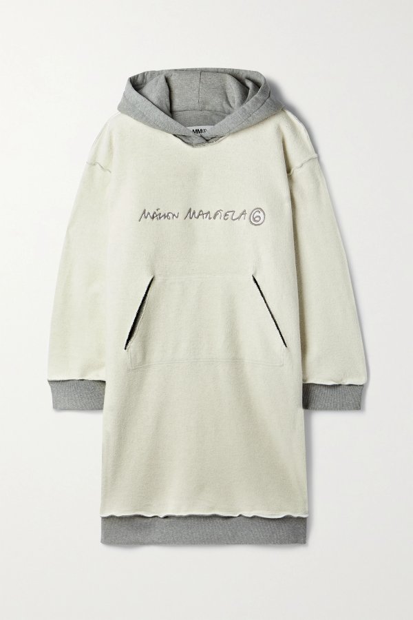 Two-tone embroidered cotton-fleece and jersey dress