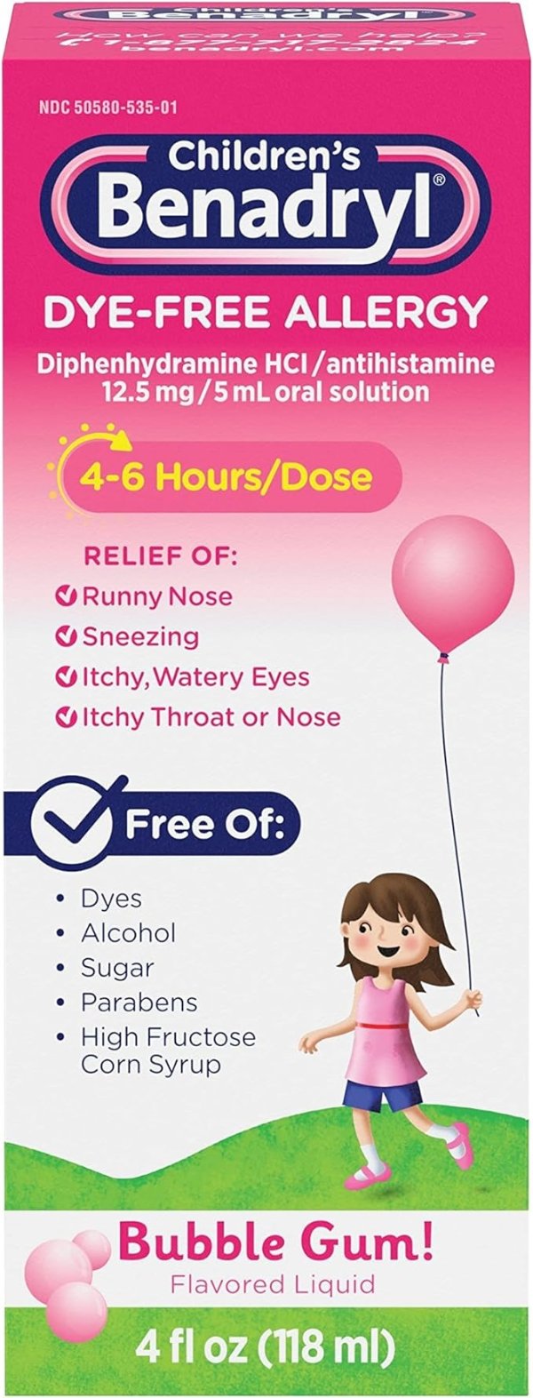 Children’s Benadryl Antihistamine Allergy Relief, Dye-Free Liquid, Bubble Gum Flavored, 4 Oz