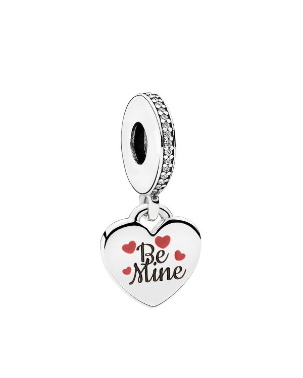 Silver CZ Be Mine Engraved Heart Dangle Charm