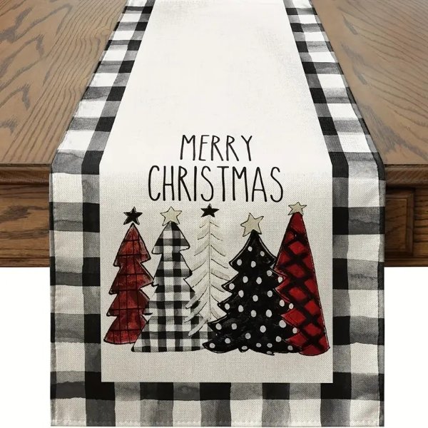 1pc Vintage Watercolor Christmas Table Runner with Buffalo Plaid Trees - Perfect for Holiday Dining and Farmhouse Decor