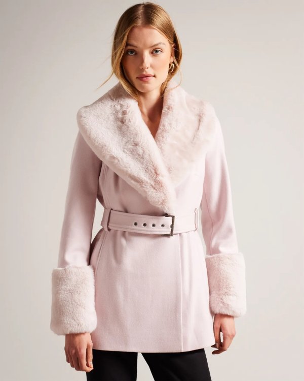 Loleta Belted Coat With Faux Fur Collar and Cuffs