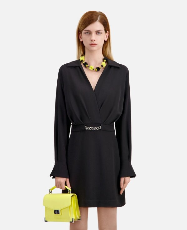 Short black crepe dress with chain