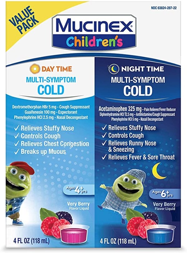 Cold & Cough, Mucinex Children's Multi-Symptom Day/Night Liquid, Very Berry, 8oz (2x4oz) Relieves Nasal & Chest Congestion, Thins & Loosens Mucus, Controls Cough, Reduces Fever, Soothes Sore Throat