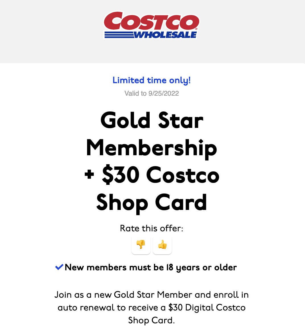 Costco学生首次开会员卡，奖励 $30 Gift Card
