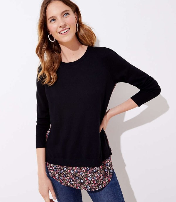 Vine Mixed Media Shirttail Sweater | LOFT