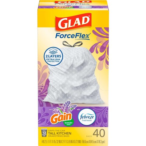 Glad Trash Bags, ForceFlex Tall Drawstring Garbage Bags, 13 Gallon White Trash Bags for Tall Kitchen Trash Can, Mediterranean Lavender with Febreze Freshness to Eliminate Odors, 40 Count