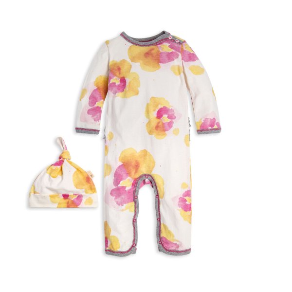 Pansy Floral Organic Baby Ruffle Jumpsuit & Hat Set