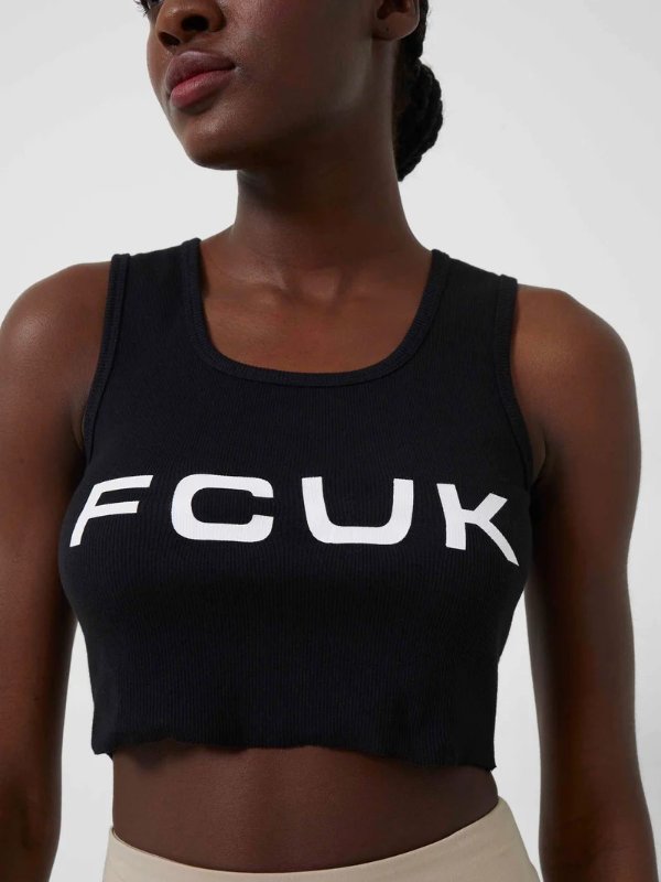 FCUK RIBBED CROP TOP Black/White | French Connection USFCUK RIBBED CROP TOP