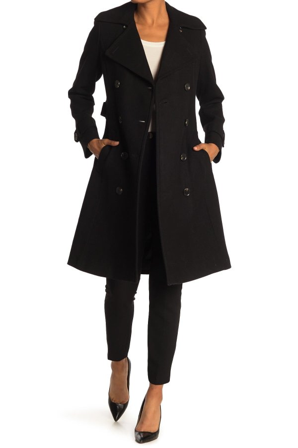 Belted Double Breasted Wool Blend Trench Coat