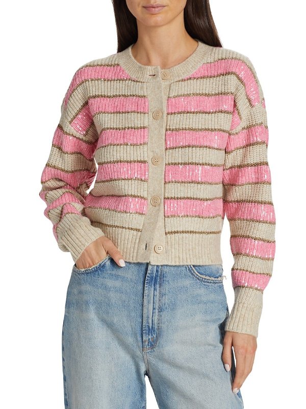 Striped Sequin-Embroidered Cardigan