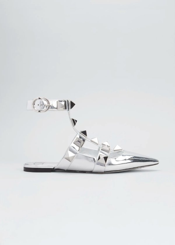 Roman Stud Metallic Ankle-Strap Ballerina Flats
