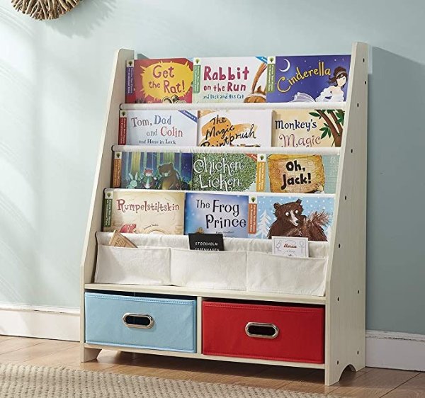 SEIRIONE Kids Book Rack, 4 Sling Bookshelf, 2 Storage Boxes and Toys Organizer Shelves, Beige