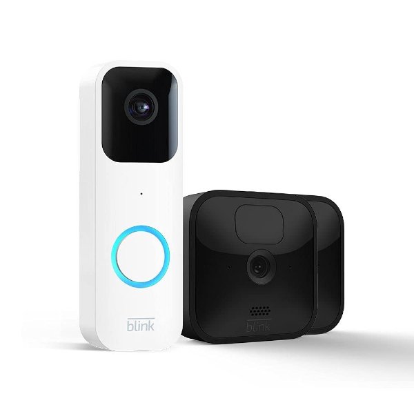 Blink Video Doorbell + 2 Outdoor camera system with Sync Module 2 | Two-way audio, HD video, motion and chime app alerts and Alexa enabled — wired or wire-free (White)