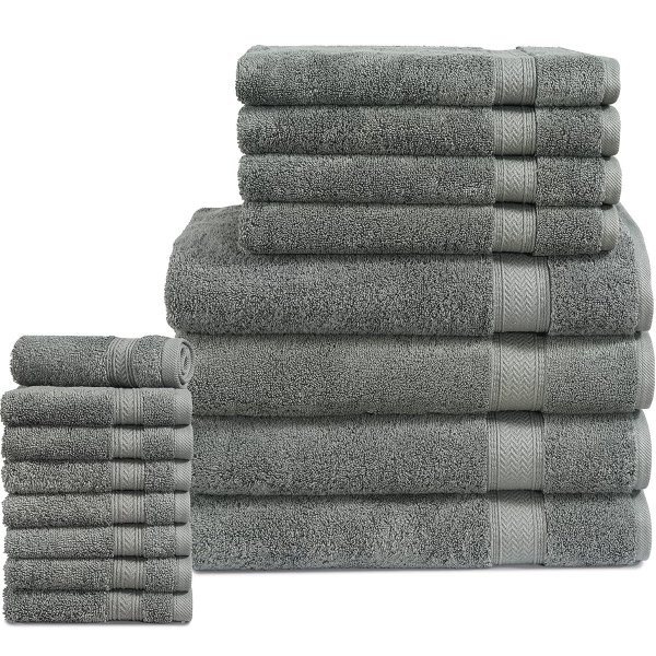 LANE LINEN 16 PC Luxury Grey Cotton Bath Towel Set - Highly Absorbent Bath, Hand and Wash Towels