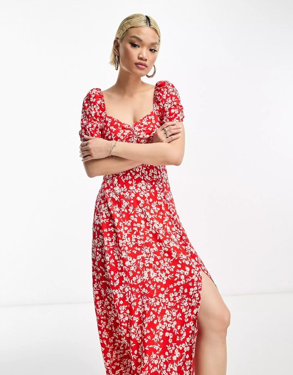& Other Stories puff sleeve midi dress in red floral