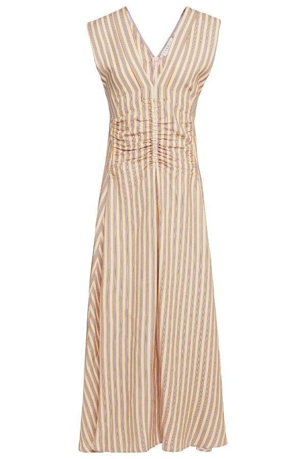 Anym ruched embroidered striped twill midi dress