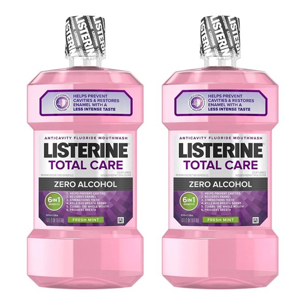 Total Care Alcohol-Free Anticavity Mouthwash, 6 Benefit Fluoride Mouthwash for Bad Breath and Enamel Strength, Fresh Mint Flavor, Twin Pack, 2 x 1 L