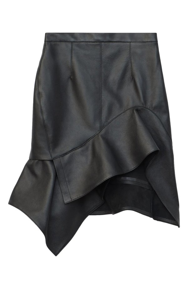 Deconstructed Ruffle Hem Leather Miniskirt